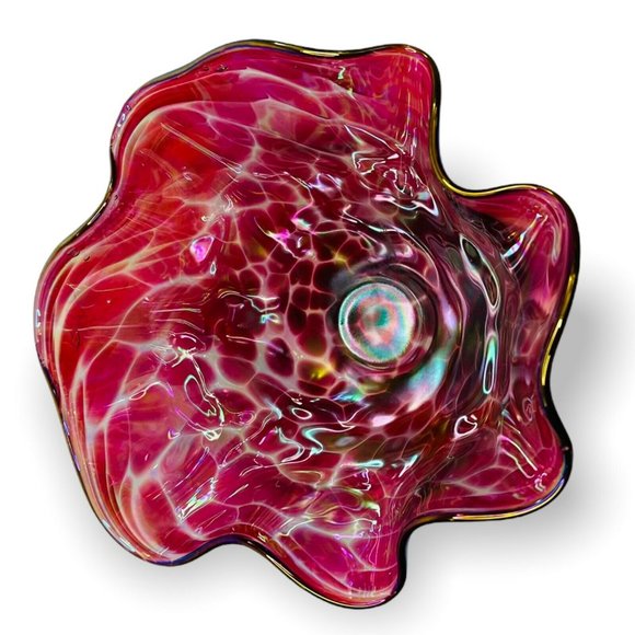 Glass Eye Studio Hand Blown Art Glass Bowl Iridescent Pink Purple Ruffled Edge - Picture 8 of 10